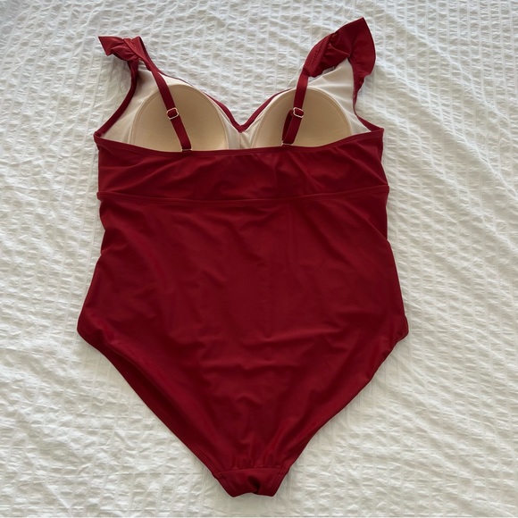 Kona Sol Ruffle Shoulder High Coverage One Piece Swimsuit in Deep Red, 24W - Picture 2 of 9